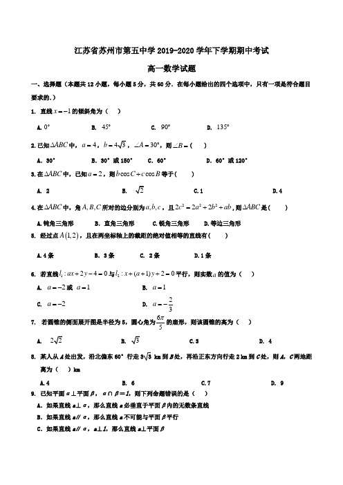 江苏省苏州市第五中学2019-2020学年高一下学期期中考试数学试题Word版含答案