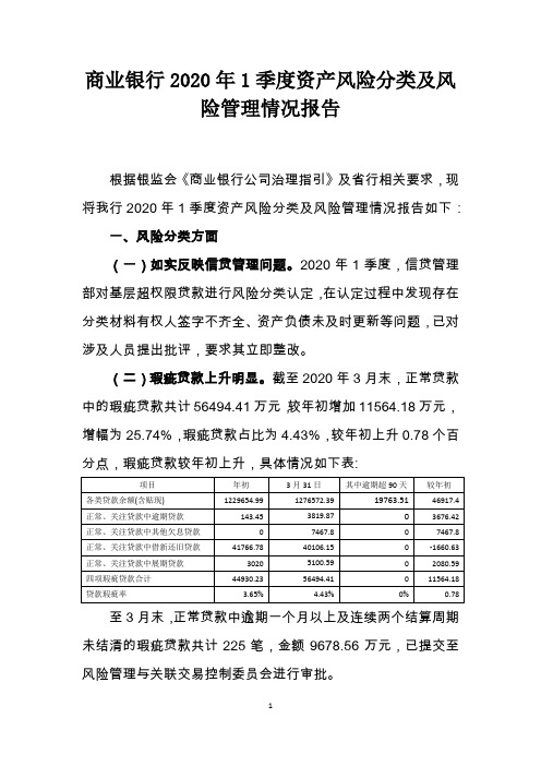 商业银行2020年1季度资产风险分类及风险管理情况报告