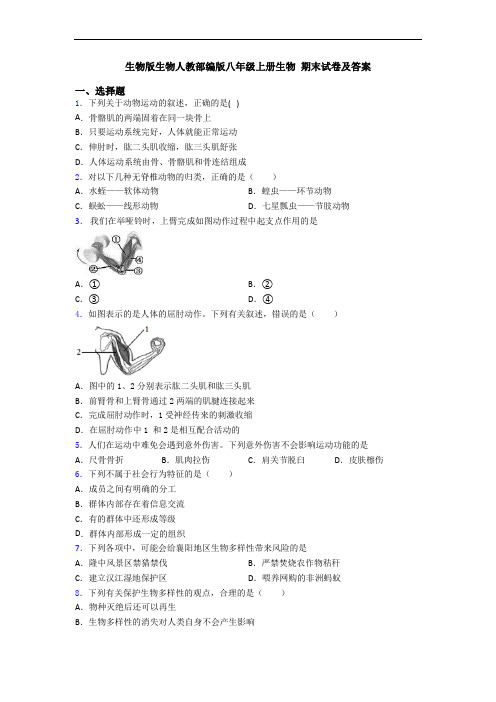 生物版生物人教部编版八年级上册生物 期末试卷及答案