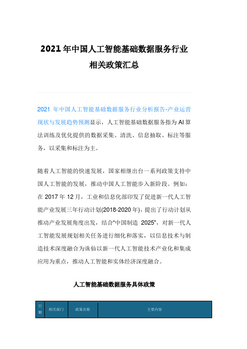 2021年中国人工智能基础数据服务行业相关政策汇总