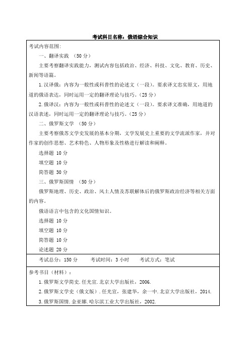 哈尔滨工程大学831俄语综合知识2020考研专业课初试大纲