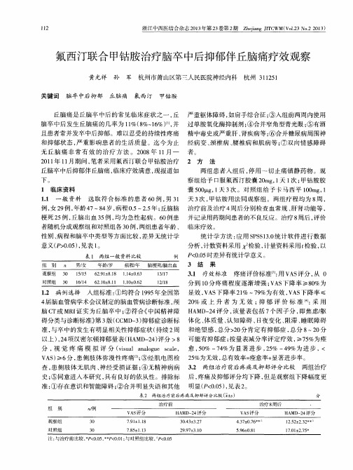 氟西汀联合甲钴胺治疗脑卒中后抑郁伴丘脑痛疗效观察