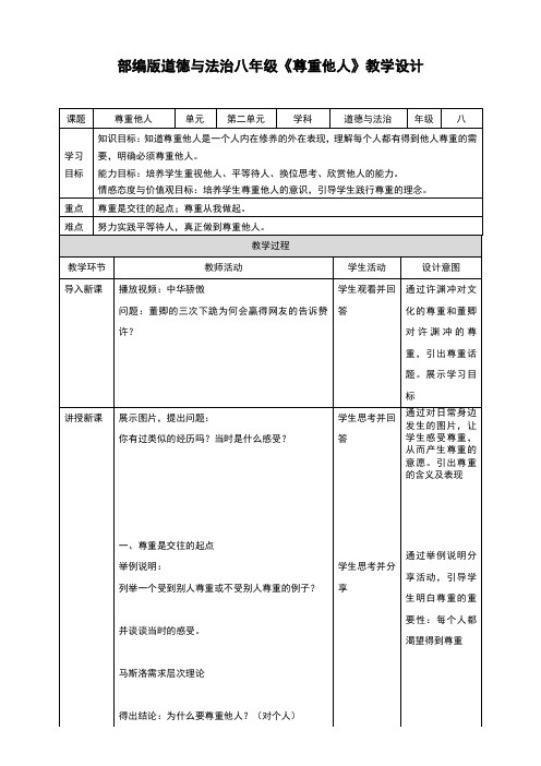 部编版《道德与法治》八年级上册4.1《尊重他人》教学设计