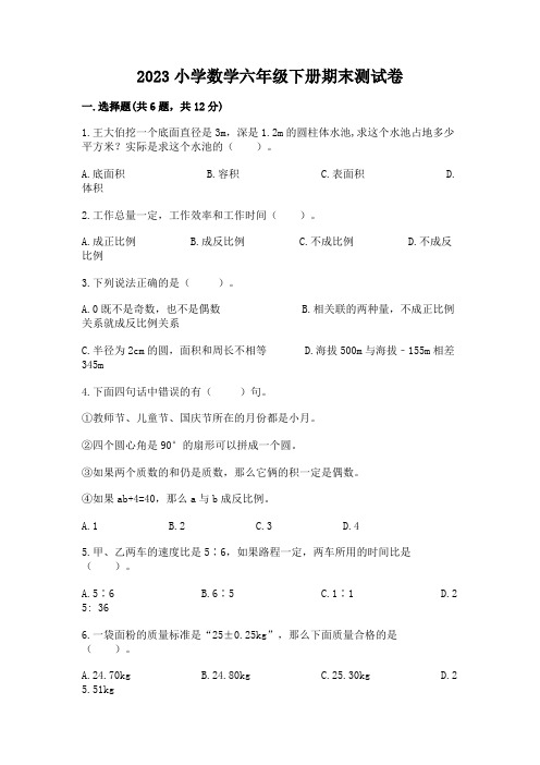 2023小学数学六年级下册期末测试卷及完整答案