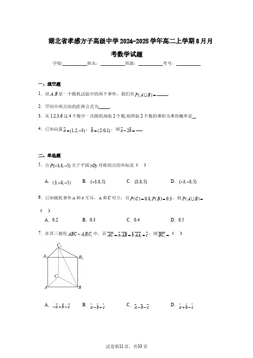 湖北省孝感方子高级中学2024-2025学年高二上学期8月月考数学试题