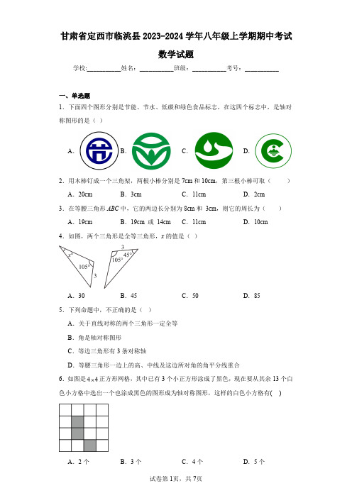 甘肃省定西市临洮县2023-2024学年八年级上学期期中考试数学试题