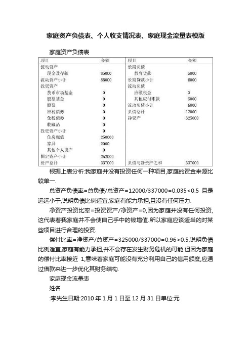 家庭资产负债表、个人收支情况表、家庭现金流量表模版