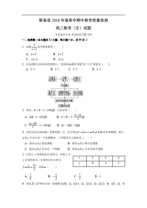 蕲春县2015-2016学年高二下学期期中考试数学试题及答案(文)科试题