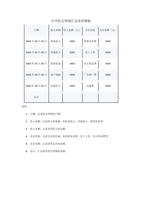 公司收支明细汇总表模板