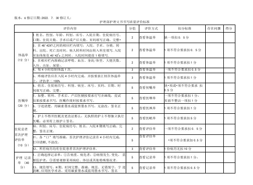 护理部护理文书书写质量评价标准