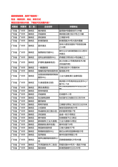 新版广东省广州市海珠区家政服务企业公司商家户名录单联系方式地址大全116家