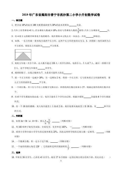 2019年广东省揭阳市普宁市流沙第二小学小升初数学试卷(含解析)印刷版