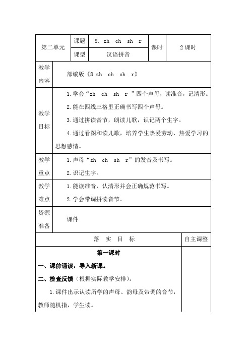 部编版一年级上册语文第二单元第八课教案《8. zh  ch  sh  r》