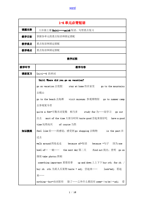 八年级英语上册 1-6单元必背短语 人教新目标版