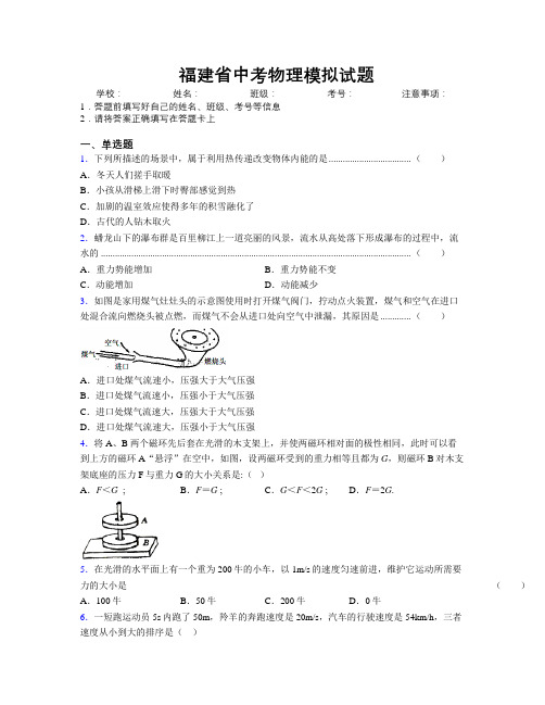 精编福建省中考物理模拟试题附解析