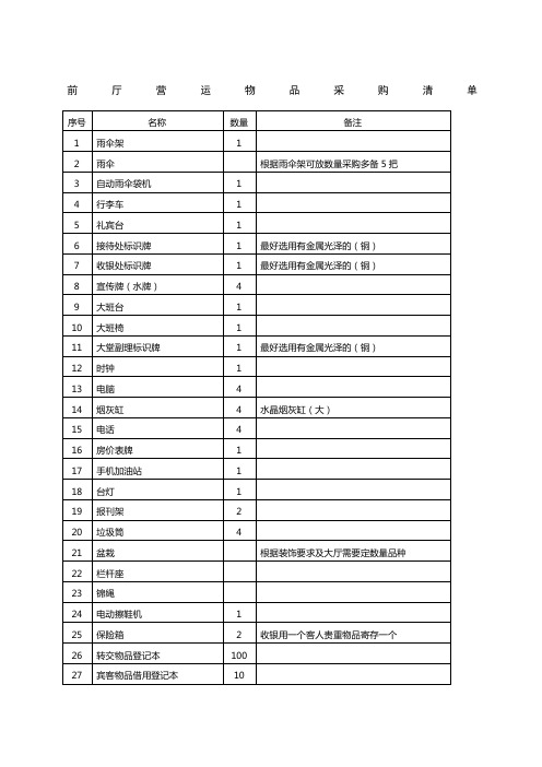 酒店前厅营运物品采购清单