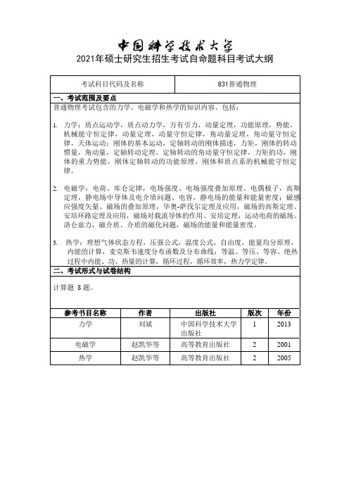 中国科学技术大学831 普通物理2021年考研专业课初试大纲