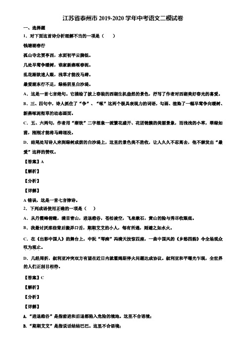 江苏省泰州市2019-2020学年中考语文二模试卷含解析