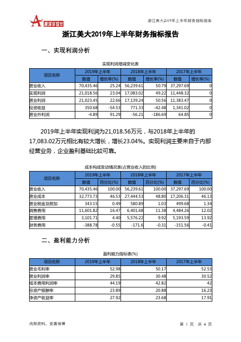 浙江美大2019年上半年财务指标报告