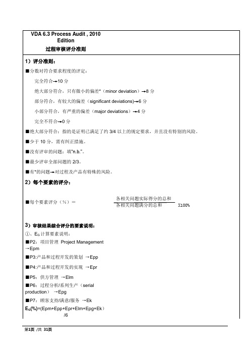 最新VDA6.3过程审核检查表及评分标准