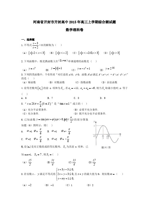 河南省开封市开封高中2015年高三上学期综合测试题数学理 科卷