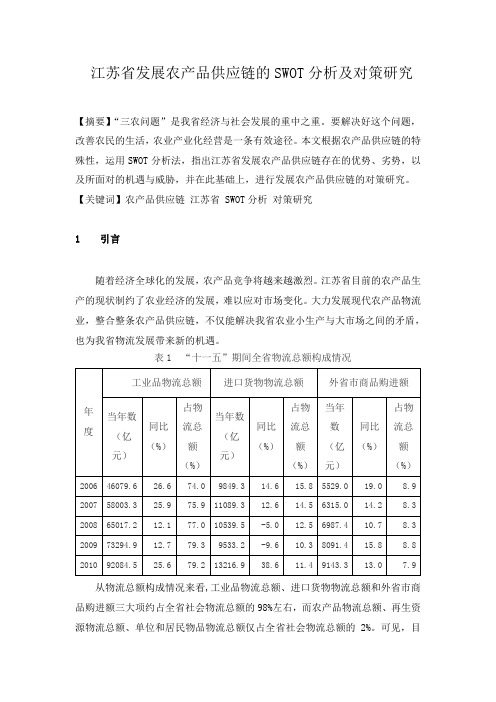 江苏省发展农产品供应链的SWOT分析及对策研究