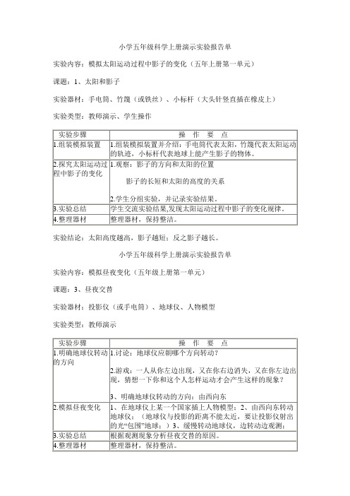 小学五年级科学上册演示实验报告单