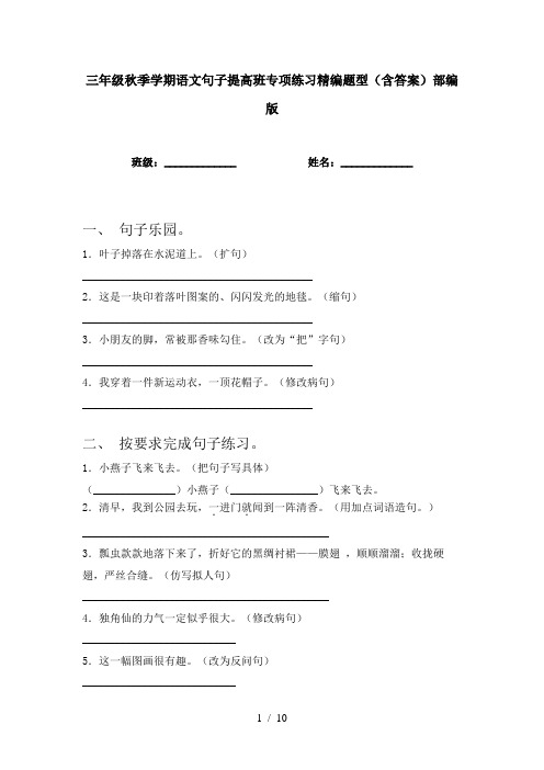 三年级秋季学期语文句子提高班专项练习精编题型(含答案)部编版