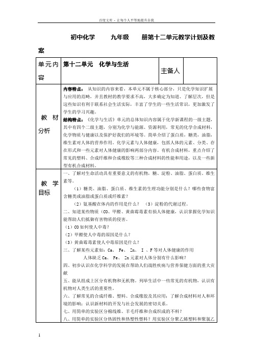 人教版化学九下第十二单元化学与生活word教案