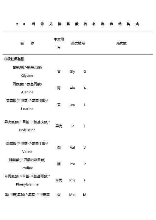 二十种氨基酸结构式