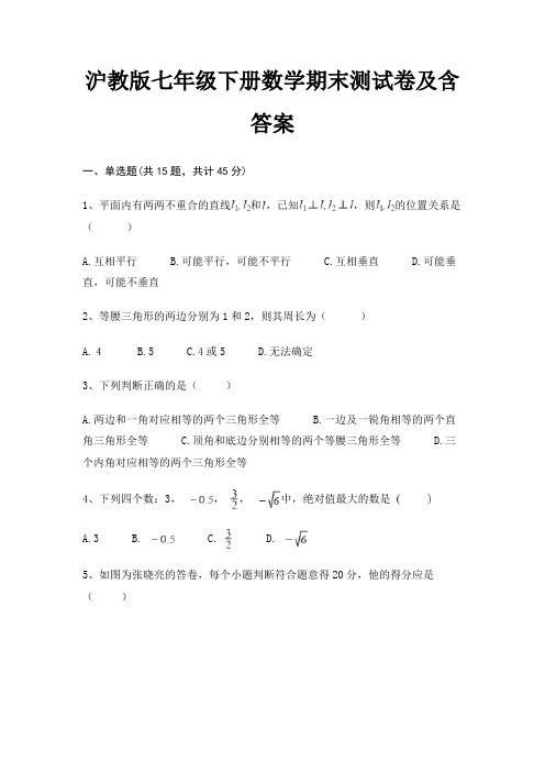 沪教版七年级下册数学期末测试卷及含答案(典型题)