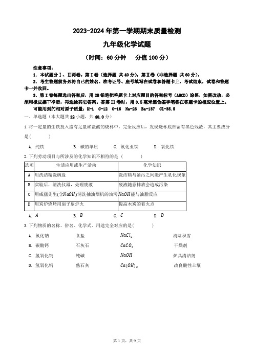 2023-2024学年第一学期九年级化学期末考试试题(带答案)