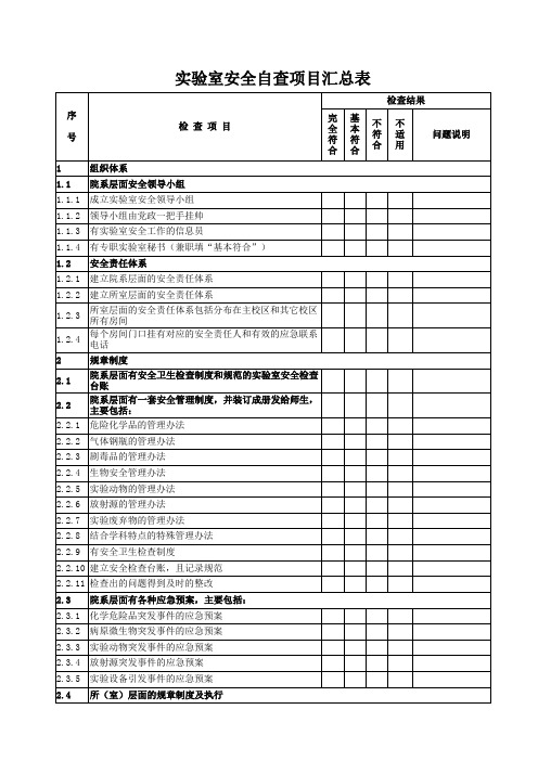 实验室安全自查项目汇总表