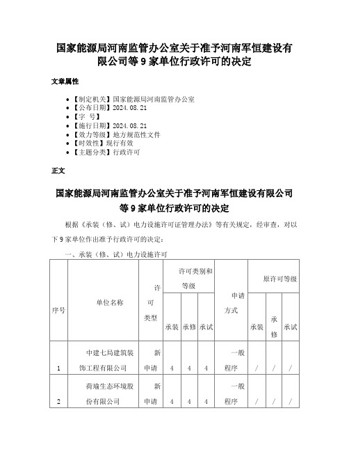 国家能源局河南监管办公室关于准予河南军恒建设有限公司等9家单位行政许可的决定