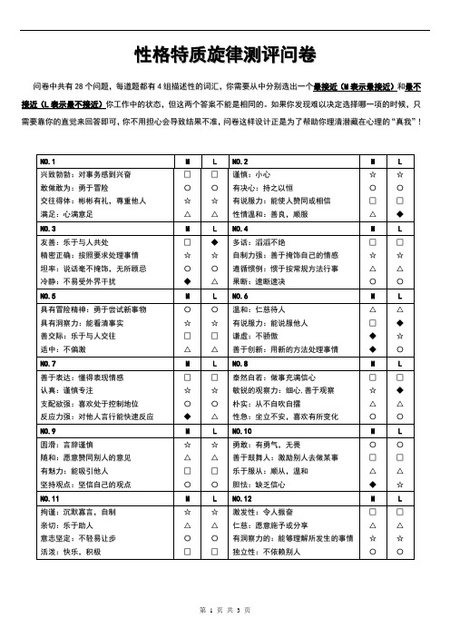 性格特质测评问卷、答题卡及结果