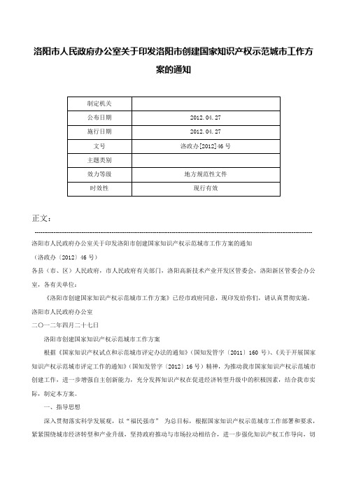 洛阳市人民政府办公室关于印发洛阳市创建国家知识产权示范城市工作方案的通知-洛政办[2012]46号