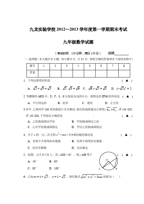 江苏省泰州市九龙实验学校2013届九年级上期末数学试题