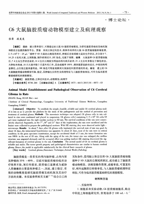 C6大鼠脑胶质瘤动物模型建立及病理观察