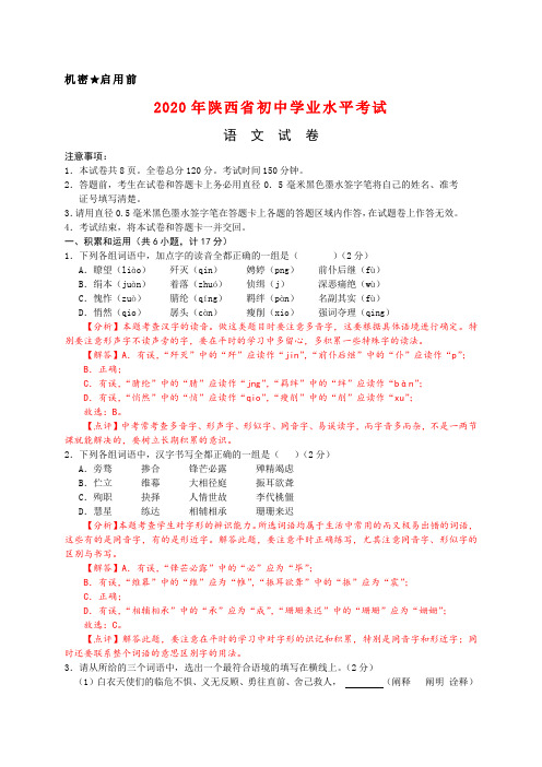 2020年陕西省中考语文试卷及答案word解析版