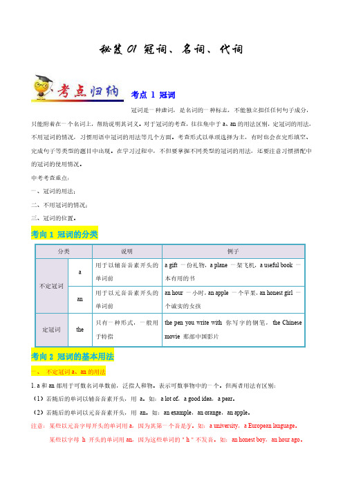 秘籍01 冠词、名词、代词-2021年中考英语抢分秘籍(解析版)