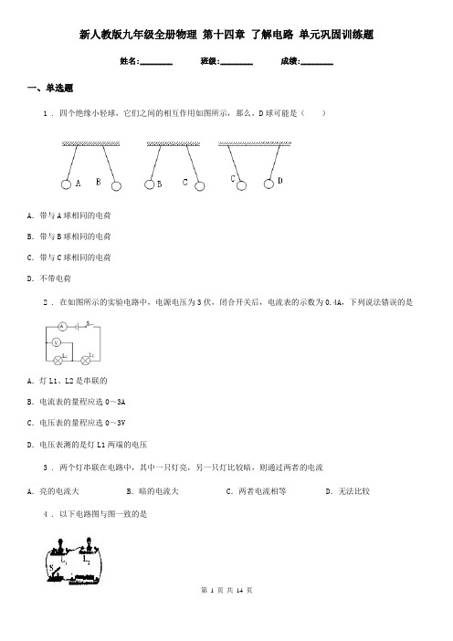 新人教版九年级全册物理 第十四章 了解电路 单元巩固训练题