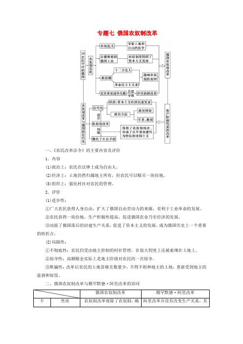 2018-2019学年高中历史 专题七 俄国农奴制改革专题小结学案(含解析)人民版选修1