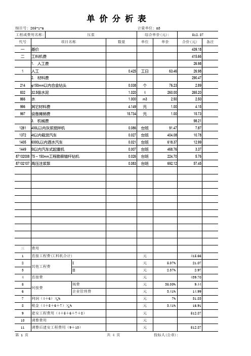 【标表4-6】单价分析表(08表合计格式)