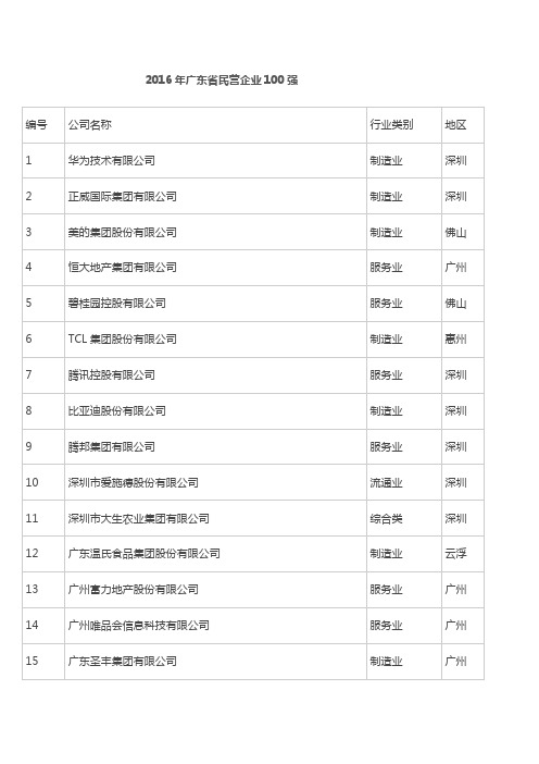 2016年广东省民营企业100强