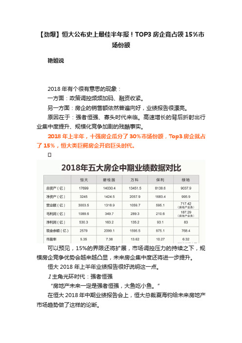 【劲爆】恒大公布史上最佳半年报！TOP3房企竟占领15%市场份额