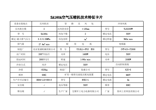 SA375W和SA160A空气压缩机技术特征卡片