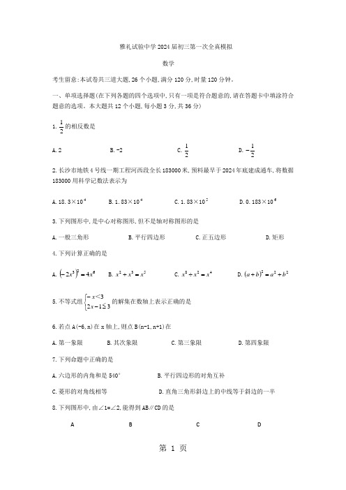 湖南省长沙市雅礼实验中学2024-2025学年九年级下第一次全真模拟数学试题(无答案)