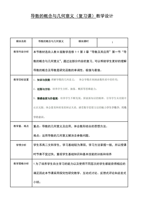 高中数学新人教版B版精品教案《人教版B高中数学选修1-1 3.1.3 导数的几何意义》2