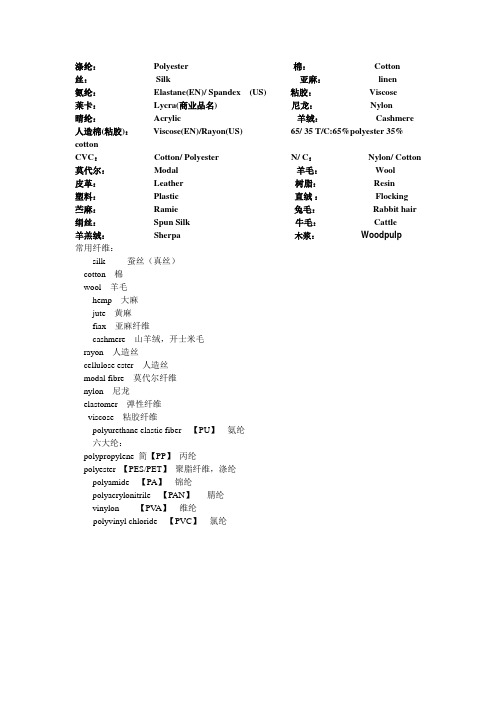 纺织品常用英文