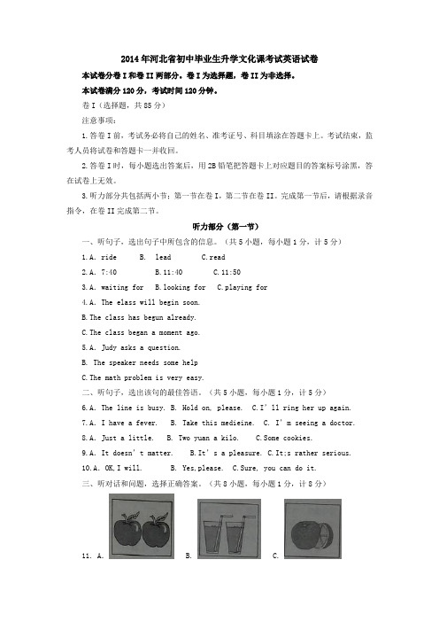 2014年河北省初中毕业生升学文化课考试英语试卷